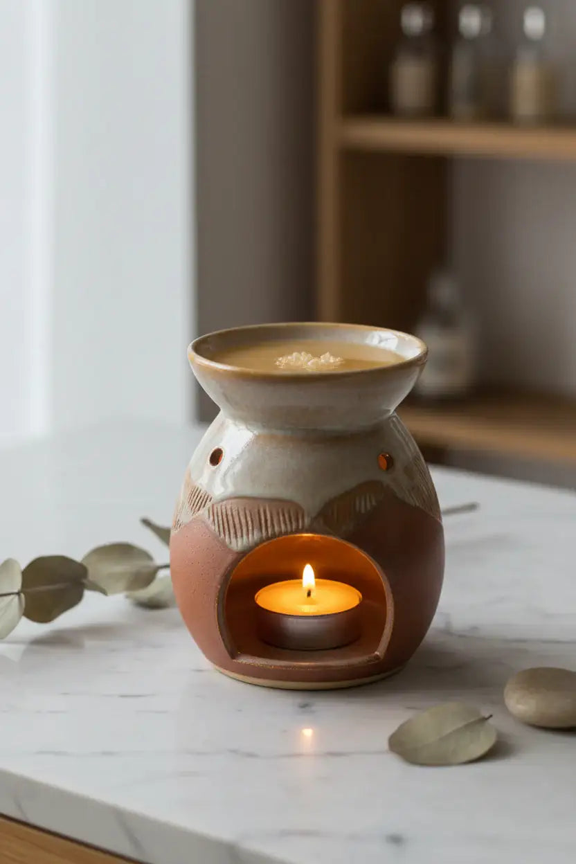 Hand-poured wax melts arranged beside a ceramic wax burner